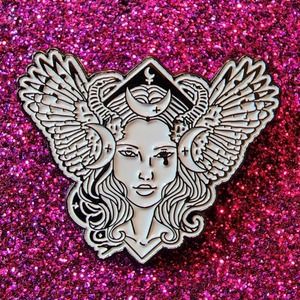 3/$20 Lunar Goddess Woman Crescent Moon Horns Wings Feathers Enamel Pin